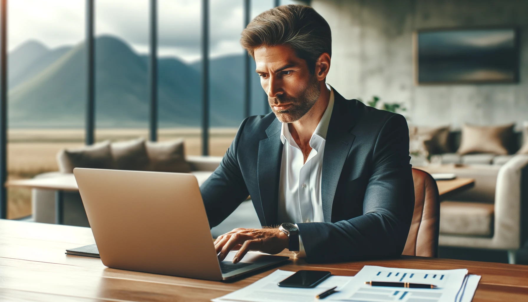 DALL·E 2024 03 06 14.52.38 Create a natural and amateur looking landscape image of a male entrepreneur in his forties dressed in a suit working on his MacBook at a desk. The s - Coaching de l’Indépendant